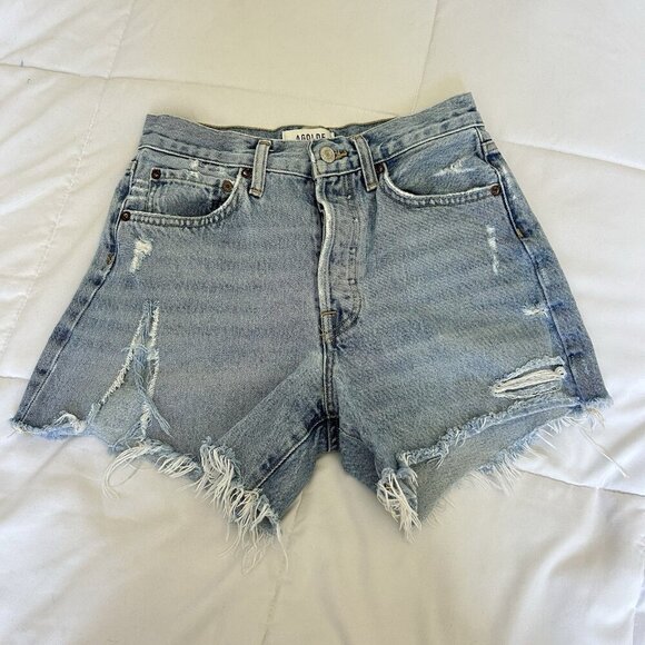 AGOLDE Pants - Agolde Long Parker Distressed Denim Shorts Light Wash Button-Fly Womens 24